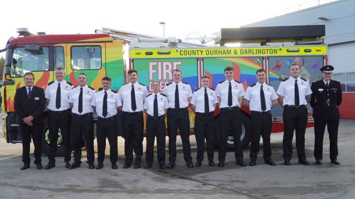 Firefighters on Course 171 at their pass out parade with cllr John Shuttleworth and Chief Fire Officer Steve Helps.