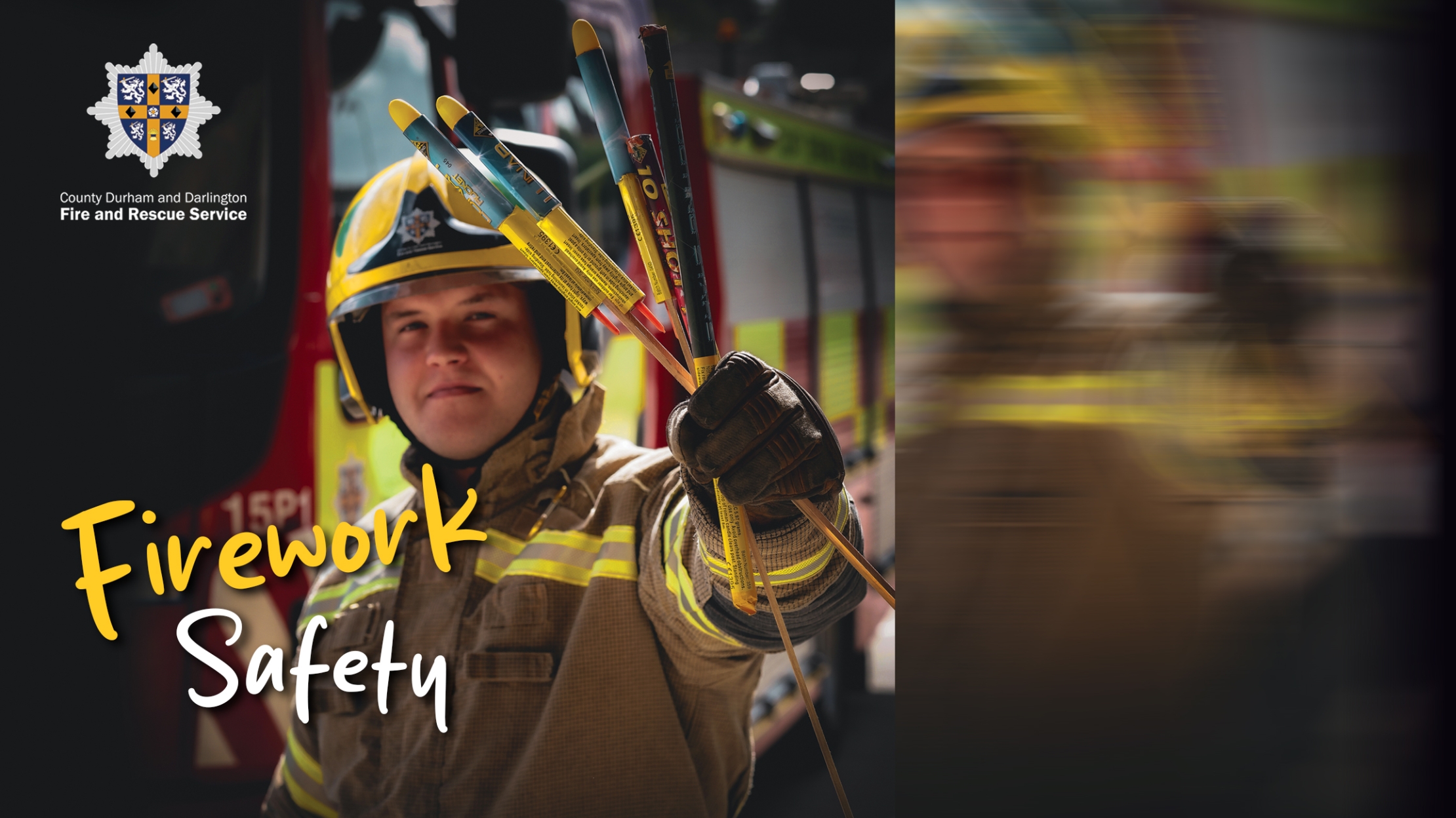 Firefighter in fire kit holding fireworks with fire engine in background and words read: 'Firework Dafety.'
