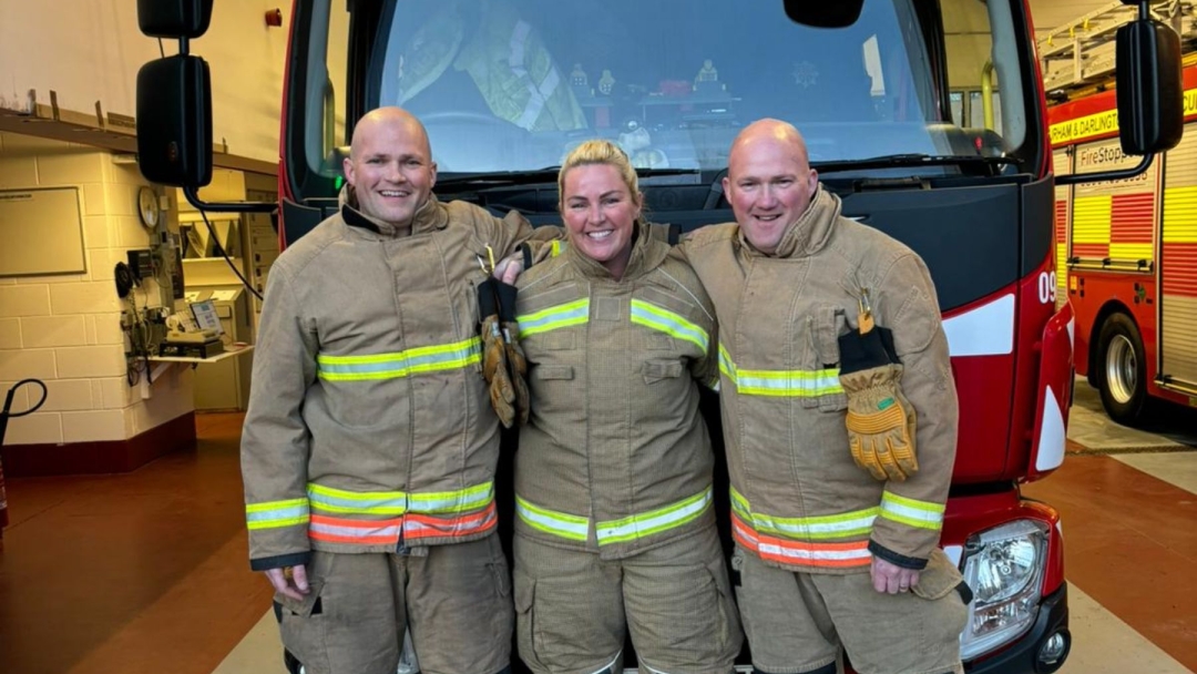 Firefighter Phil Davison, Crew Manager Simon Davison, and Watch Manager Becky Brown celebrate National Siblings Day.