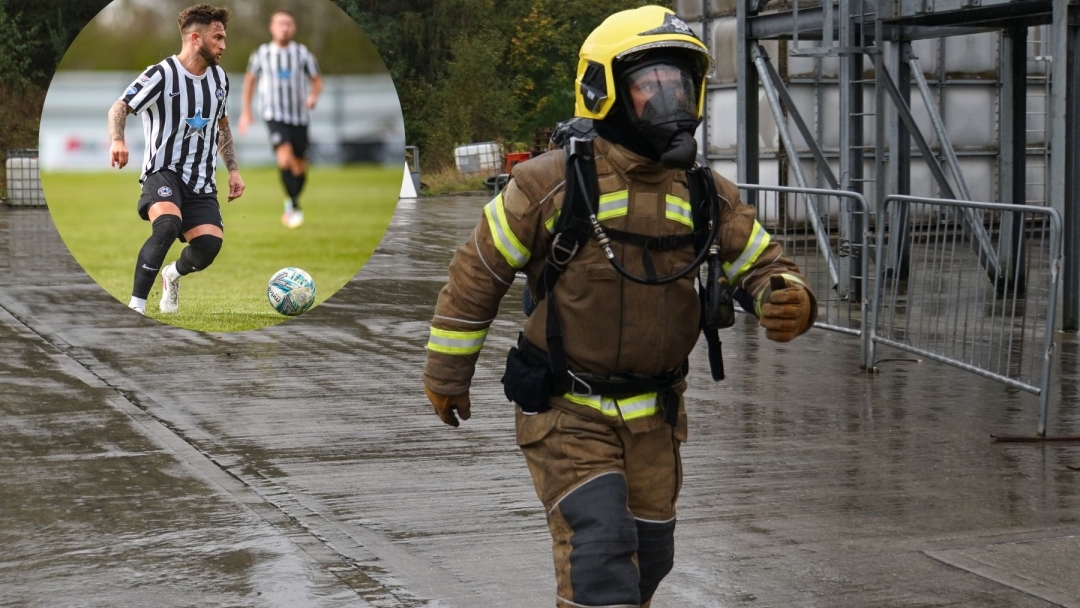 Firefighter recruit Luke Carr during training and as a football player. 