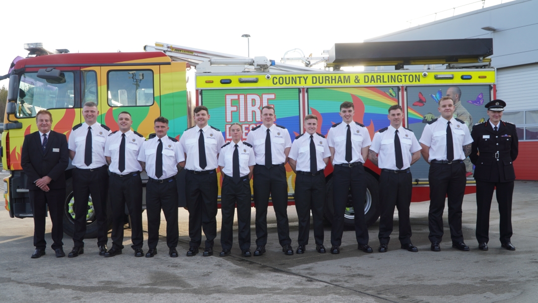 Firefighters on Course 171 at their pass out parade with cllr John Shuttleworth and Chief Fire Officer Steve Helps.