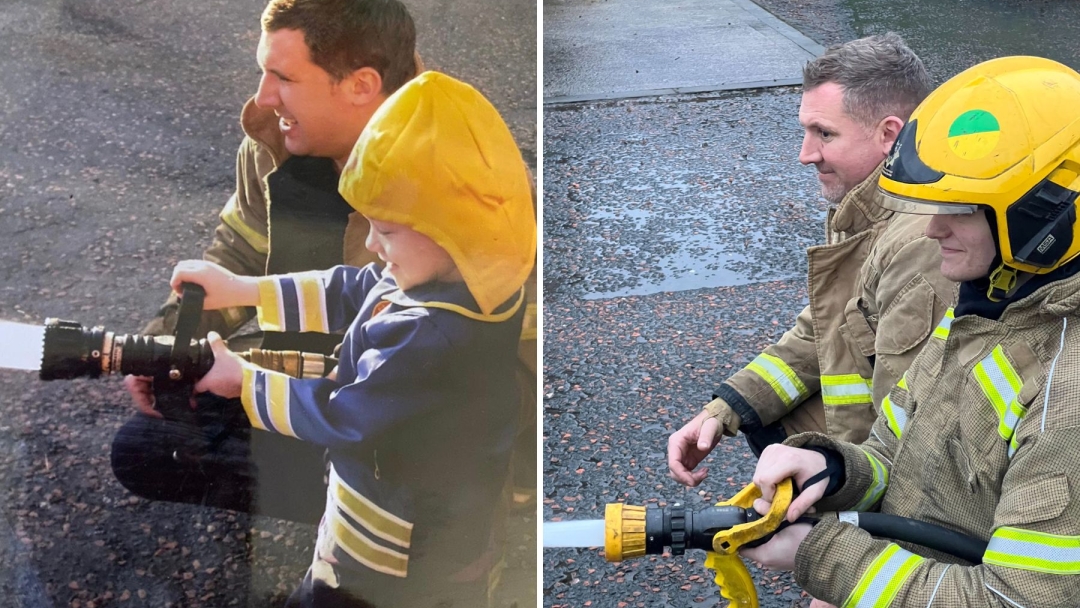 Newton Aycliffe firefighter Darren Pearson and on-call firefighter Lewis Sangster recreated the photo they took 16 years ago.